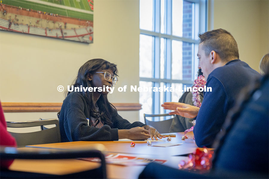 Minatallah Bi (left) and Jay Mayberger talk about his study abroad experience at the Study Abroad Speed Dating event. February 13, 2024. Photo by Kristen Labadie / University Communication. 